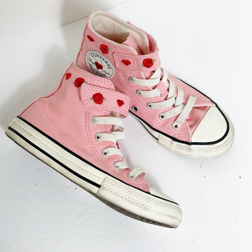 Converse High Top Sneakers Girls 12 Pink Rose Heart Embroidered Chuck Taylor - Picture 2 of 3